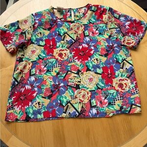 Vintage Colorful Floral Women's Silk Blouse 80’s with Shoulder Pads